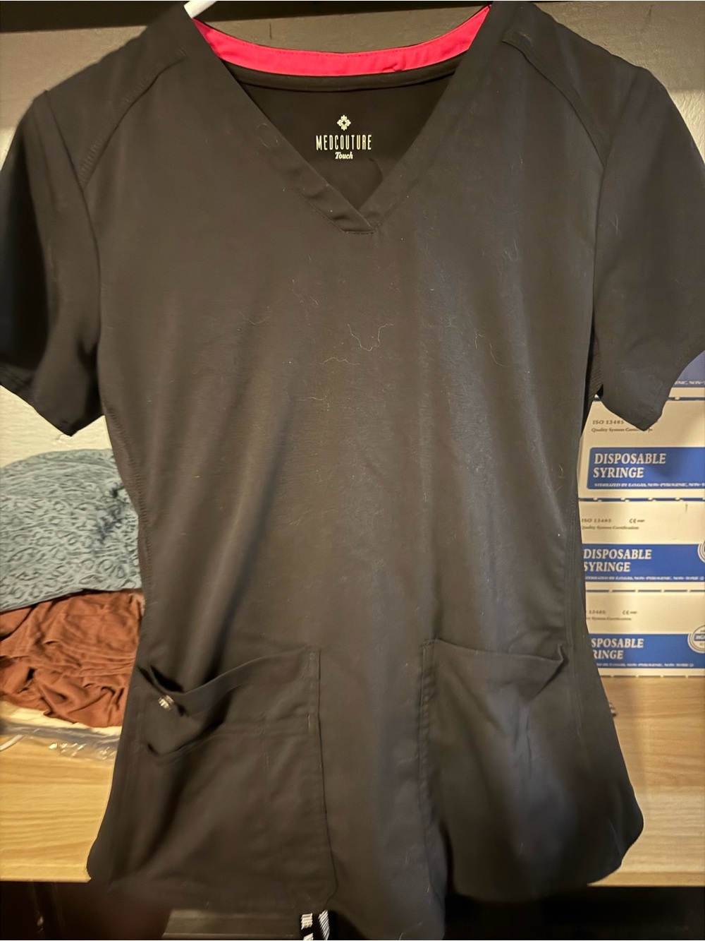 Med Couture Black V-Neck Scrub Top with Pink Trim with jogger pants